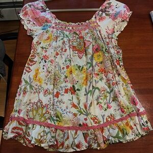 American Rag Cie Ivory/Pink/Yellow Beaded Floral Short Cap Sleeve Women's Blouse